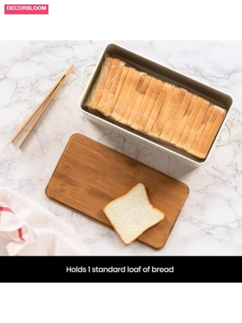 White Metal Bread Box with Wood Cutting Board Lid and Side Handles